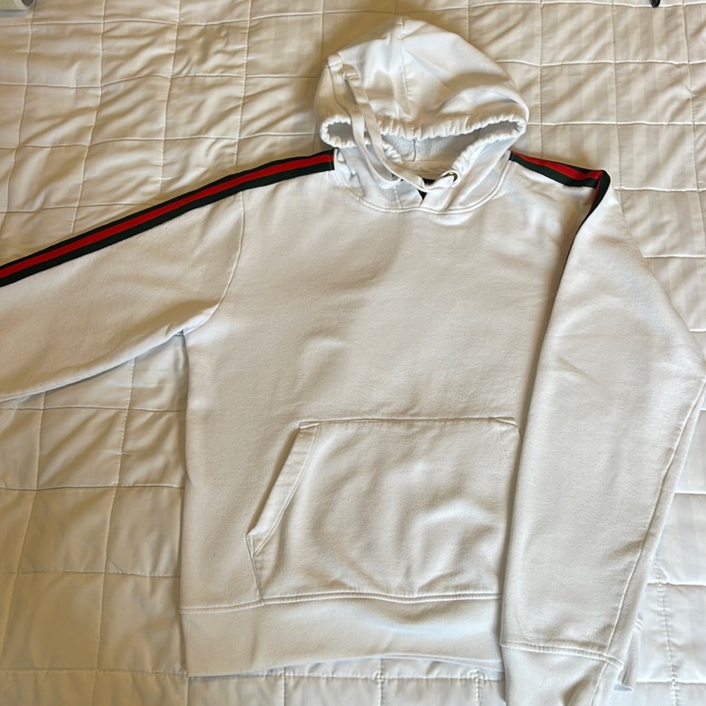 White Hoodie with Green and Red Sleeve Stripe